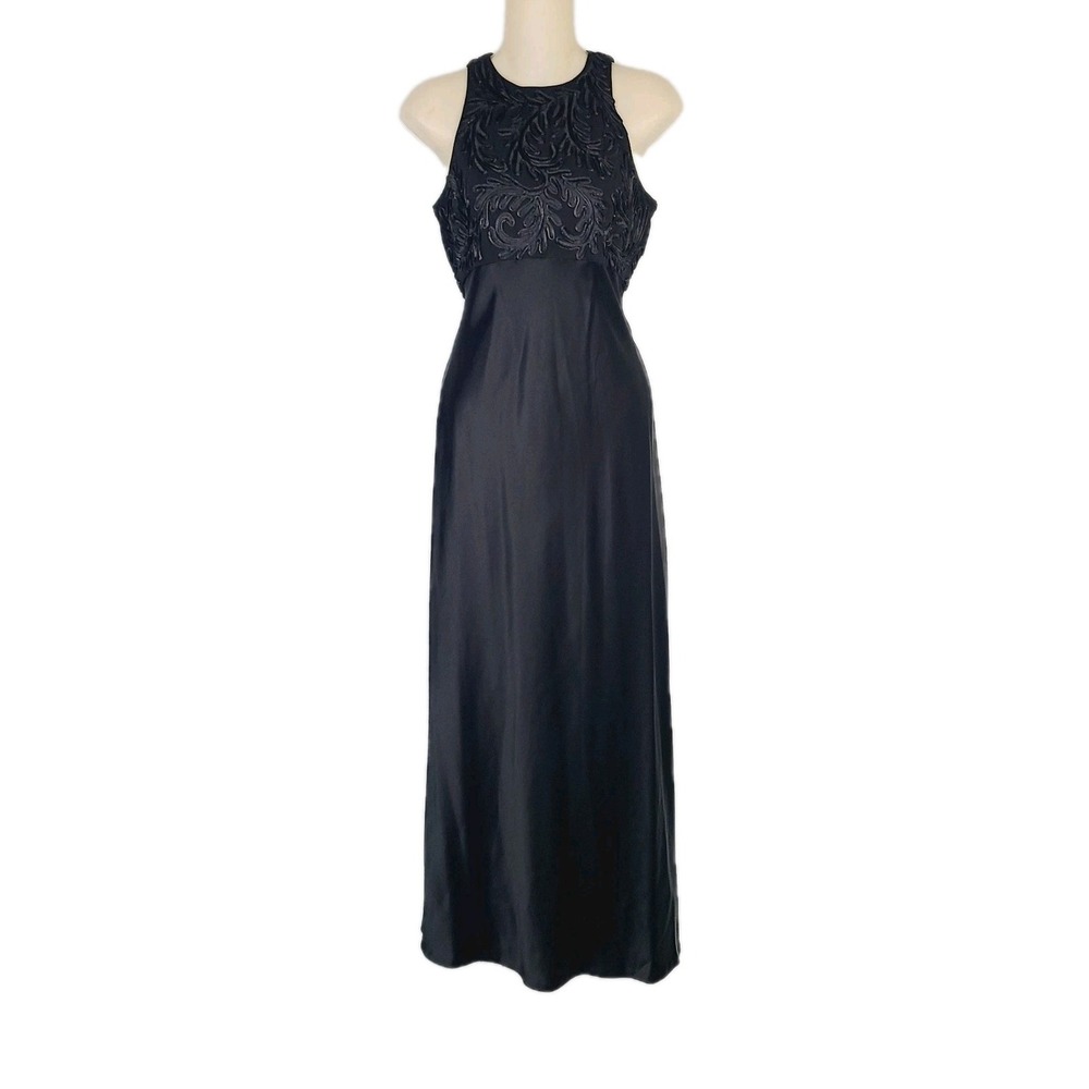 Carmen Marc Valvo Black Gown Satin Lace Bodice Empire‎ Sleeveless Formal Dress 2